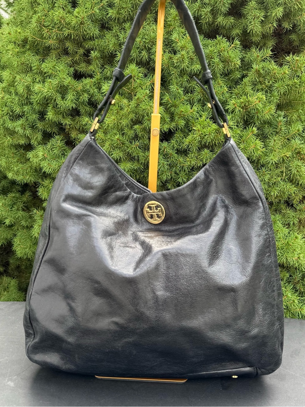 Tory Burch Black Leather Shoulder Hobo with Gold Logo